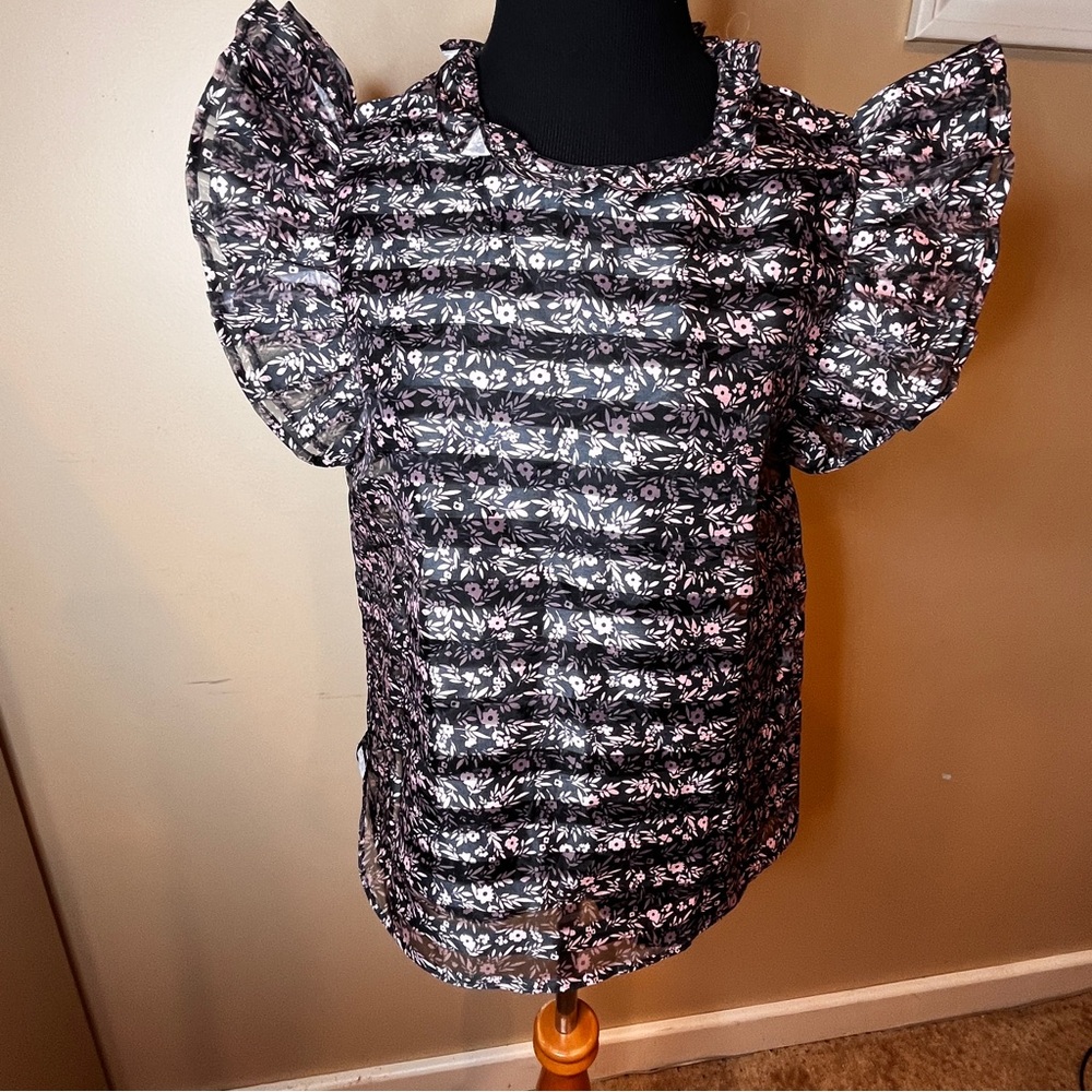 Jill Stuart Size S Semi sheer mixed pattern stripe & floral ruffle burst sleeve
